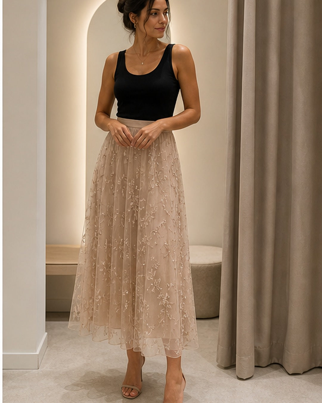 Saia midi tule bordado - editorial com modelo 4