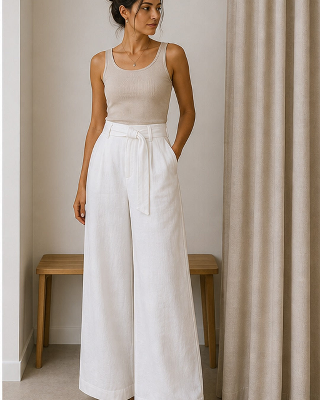 Calca pantalona branca com cinto - editorial com modelo 4