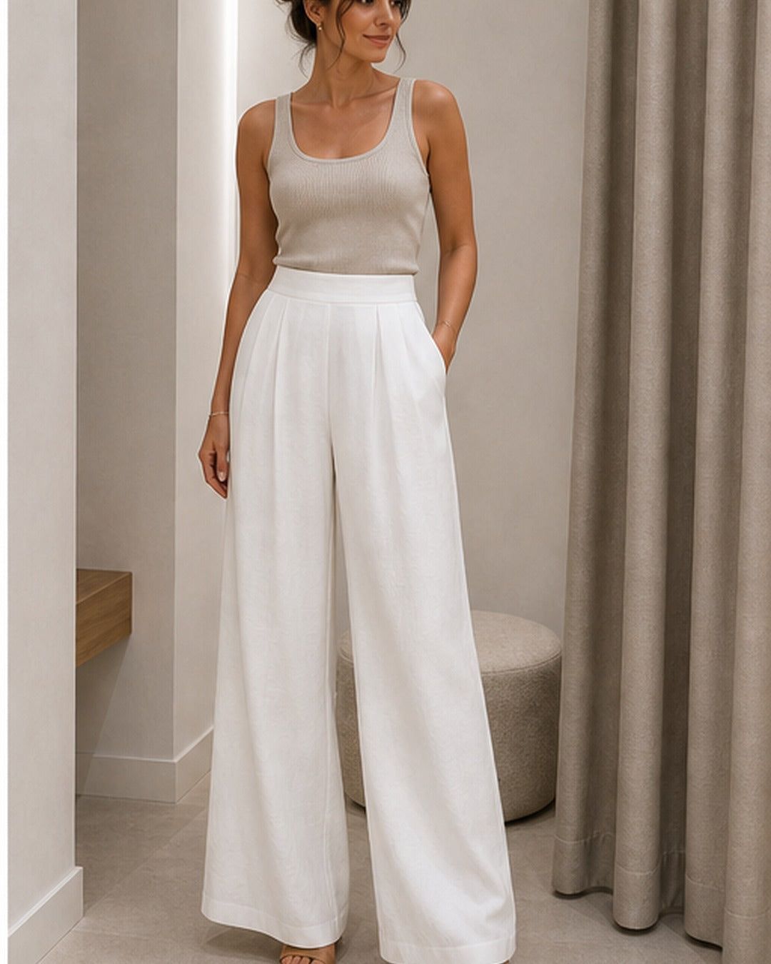 Calca pantalona branca com pregas - editorial com modelo 4