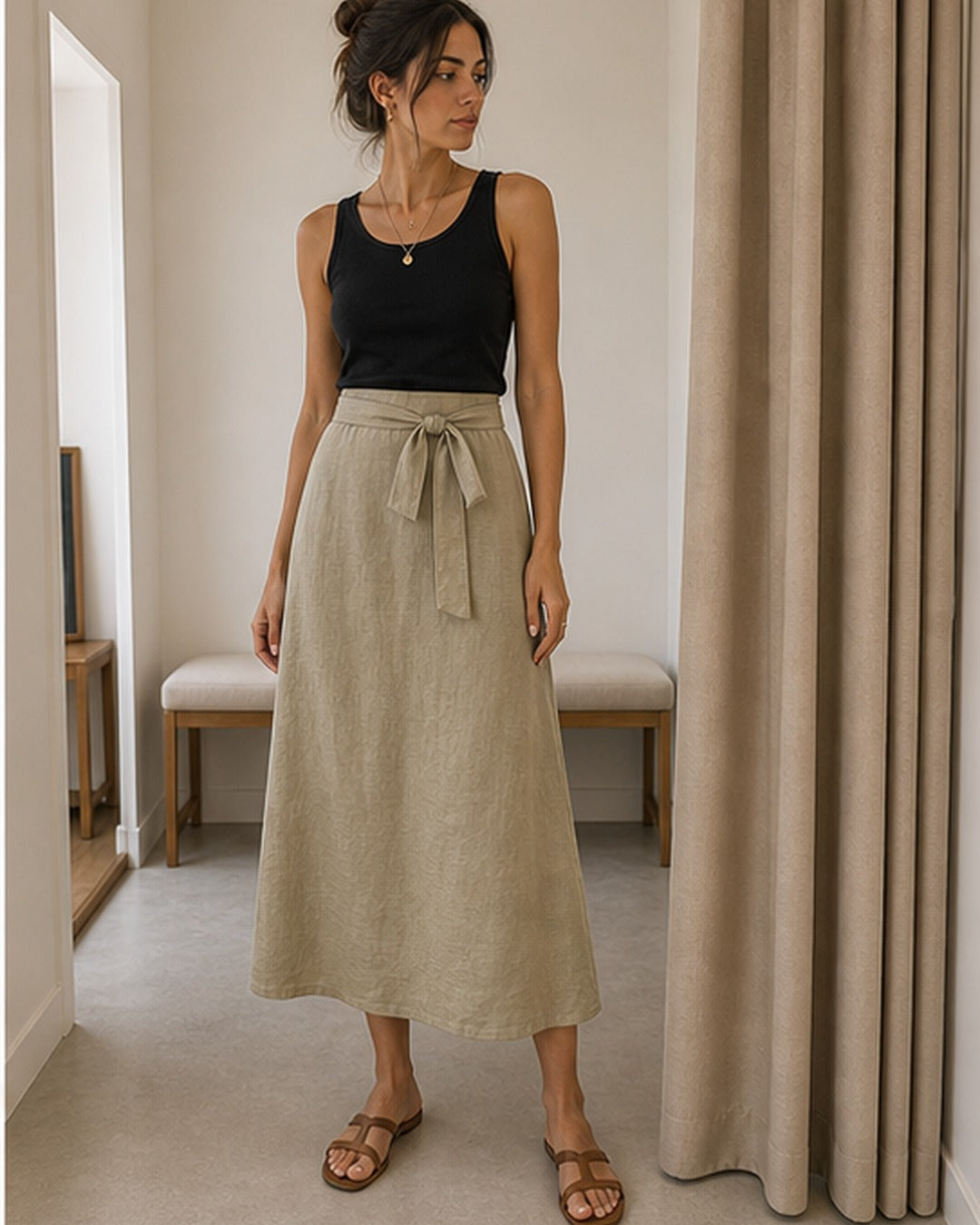 Saia midi linho com faixa - editorial com modelo 4