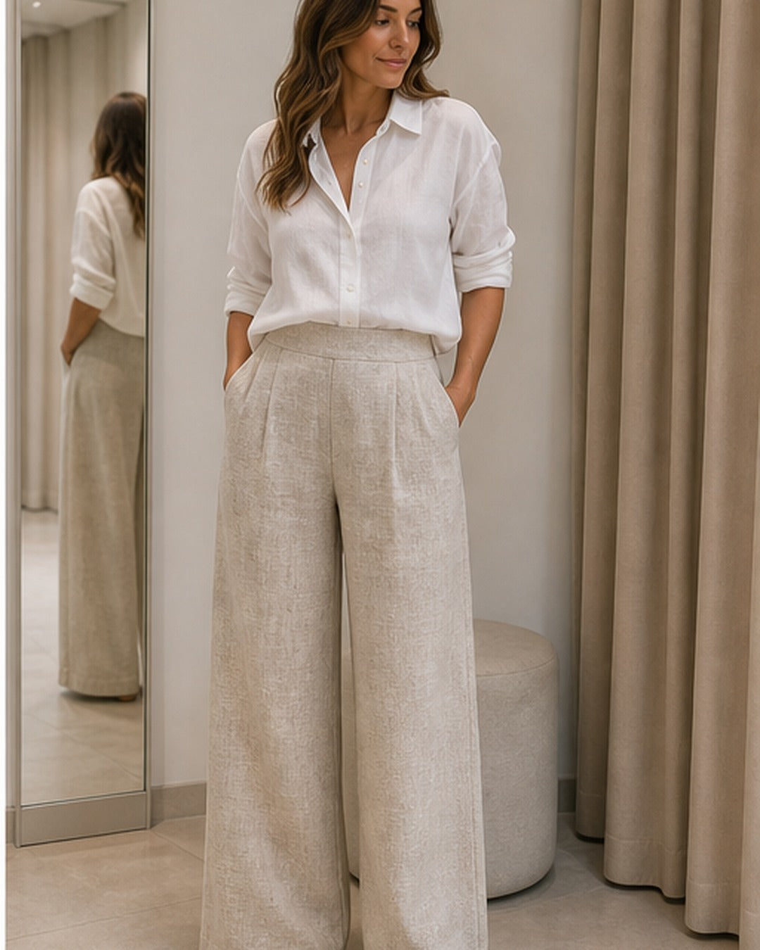 Calca linho wide leg texturizada - editorial com modelo 4