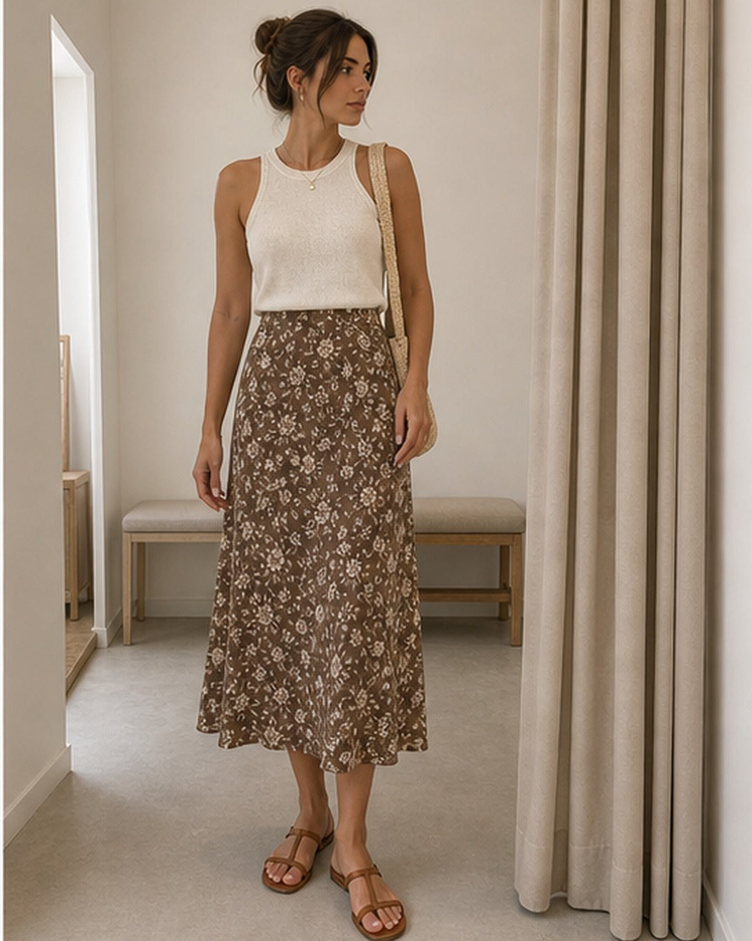 Saia midi estampada floral - editorial com modelo 4