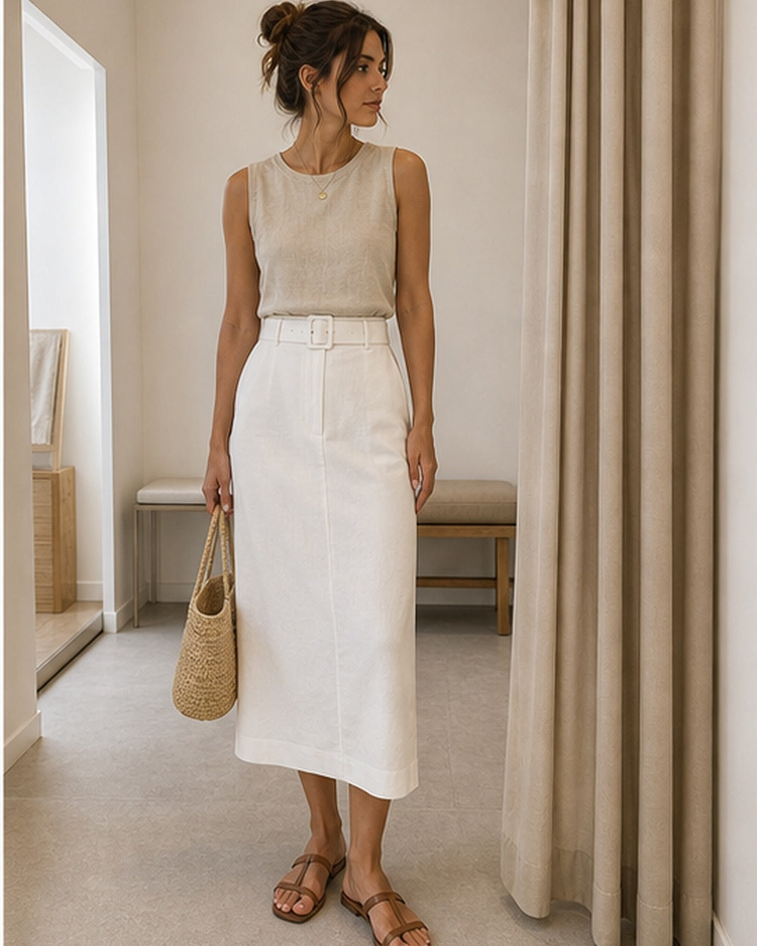 Saia reta midi com cinto - editorial com modelo 4