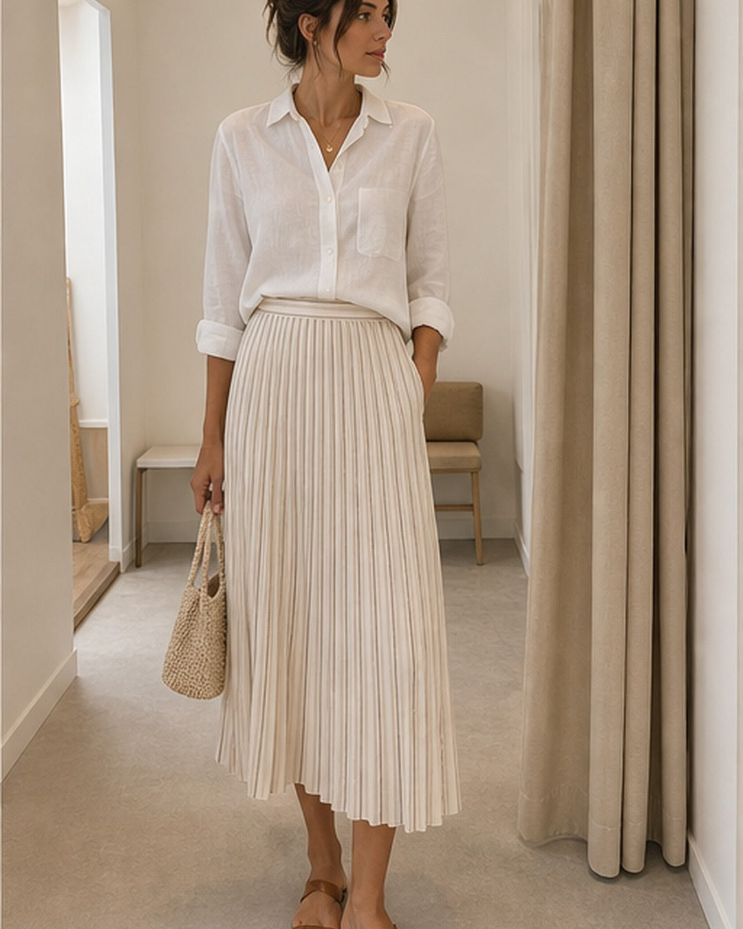 Saia midi plissada listrada - editorial com modelo 4