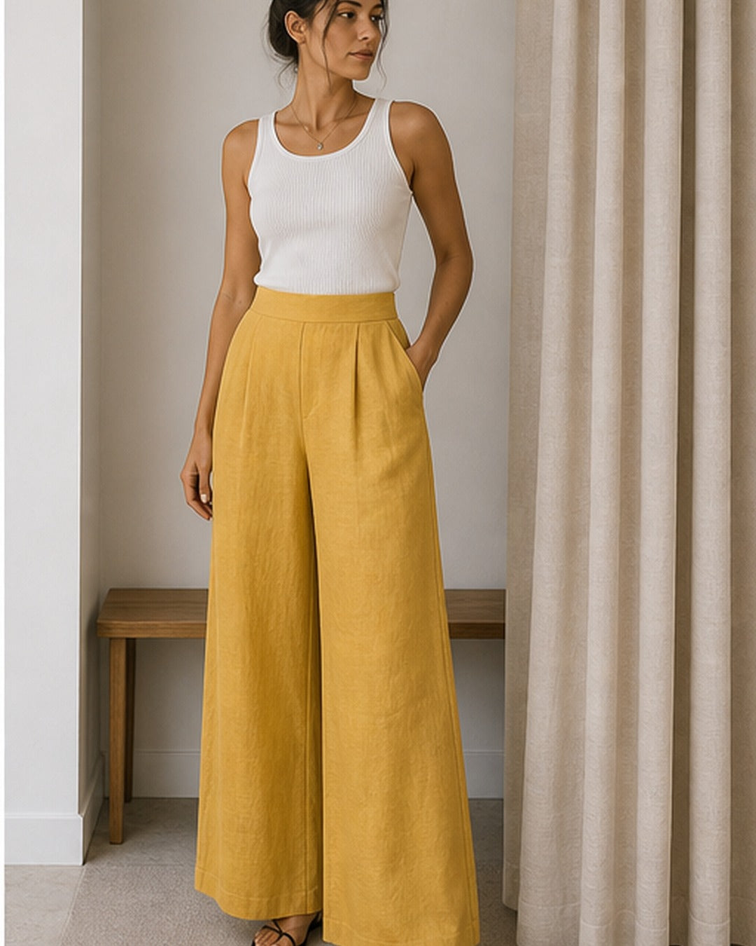 Calca pantalona linho colorida - editorial com modelo 4