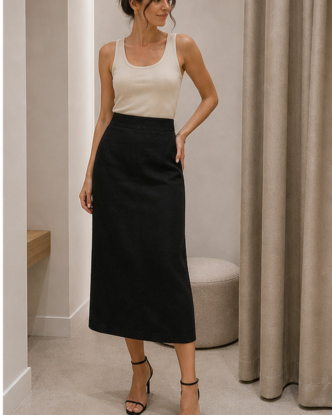 Saia midi reta linho - editorial com modelo 4