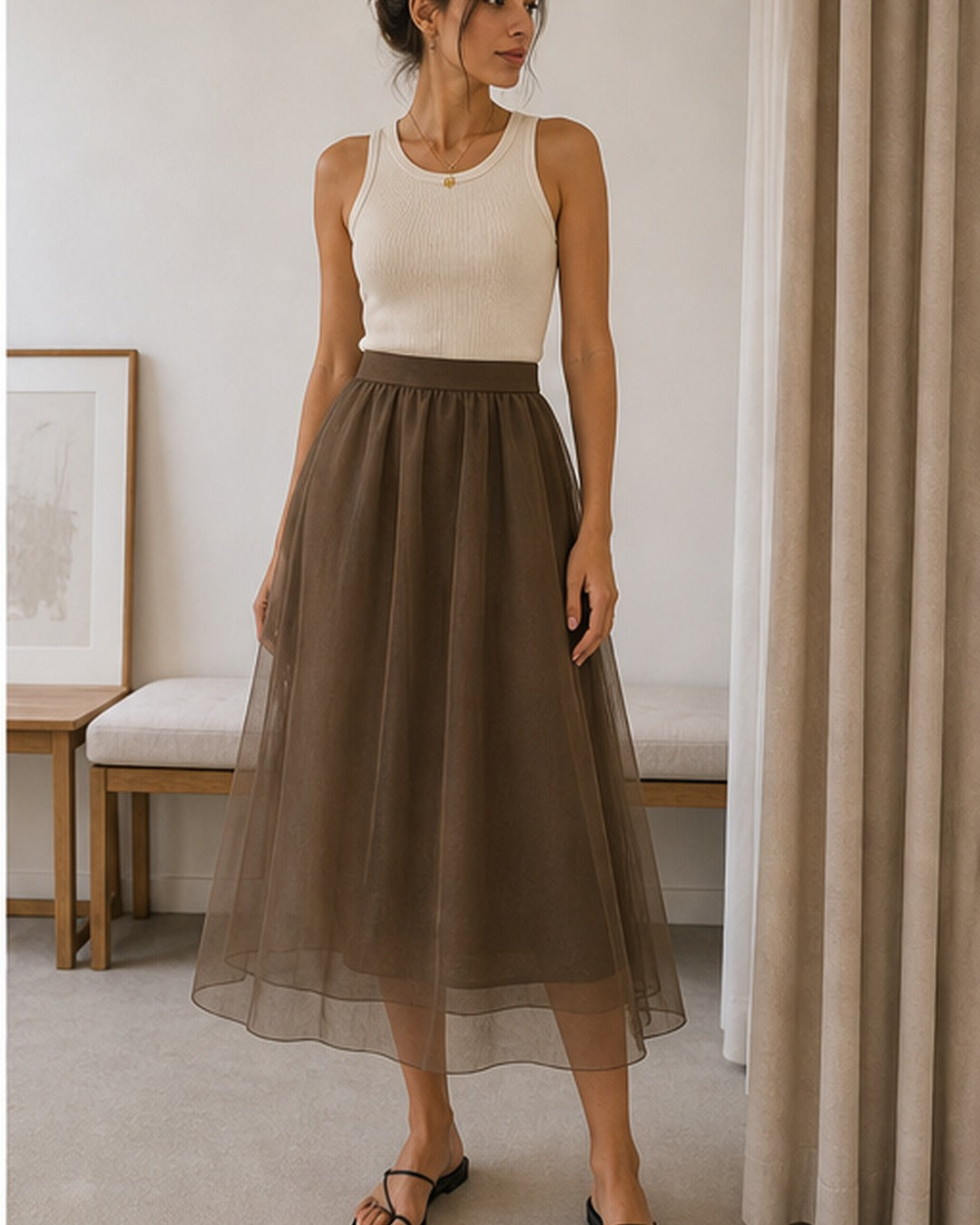 Saia midi organza translucida - editorial com modelo 4